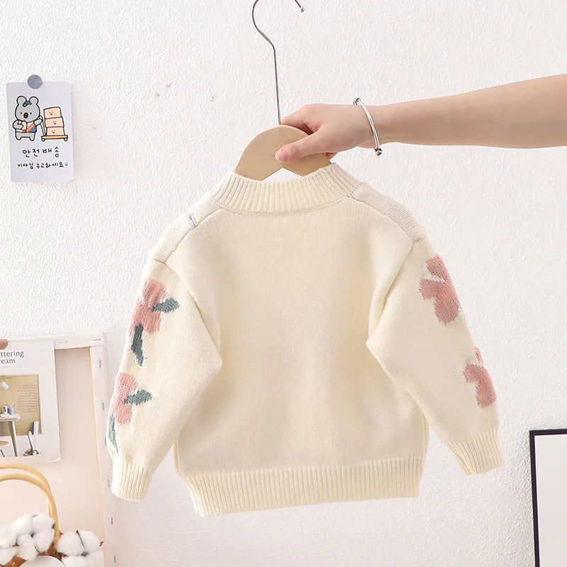 Girls' Knitted Pullover – Cute Flower Design, Warm Base Shirt for Autumn/Winter (Ages 3–8)