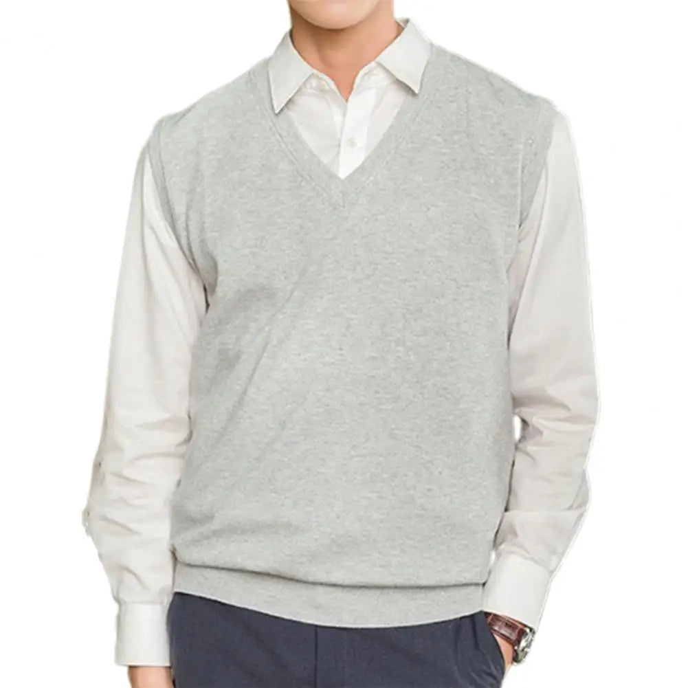 Men's Sleeveless Sweater Vest – Solid Color, Loose Fit, V-Neck Knitted Pullover Waistcoat