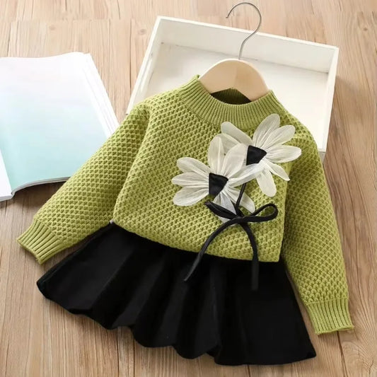 Girls' Winter 2-Piece Set – Knitted Sweater, Coat, and Skirt for Kids (Ages 6)