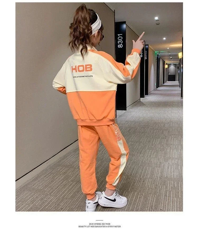 Korean Style Girls' 2-Piece Hoodie & Pant Set for Spring/Autumn (3-14Y)