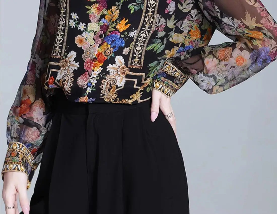 Women's Vintage Stand Collar Shirt – Printed Loose Long Sleeve Office Top