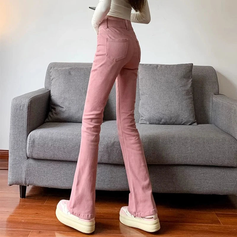 Women's Summer High-Waist Flare Pants – Slim Fit, Elastic, Solid Color with Button, Zipper, and Pockets.