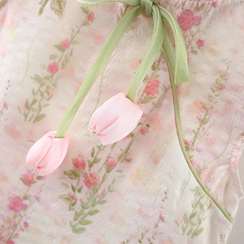 Summer Tulip Cheongsam: Cute Chinese Style Baby Dress with Embroidered Flying Sleeves