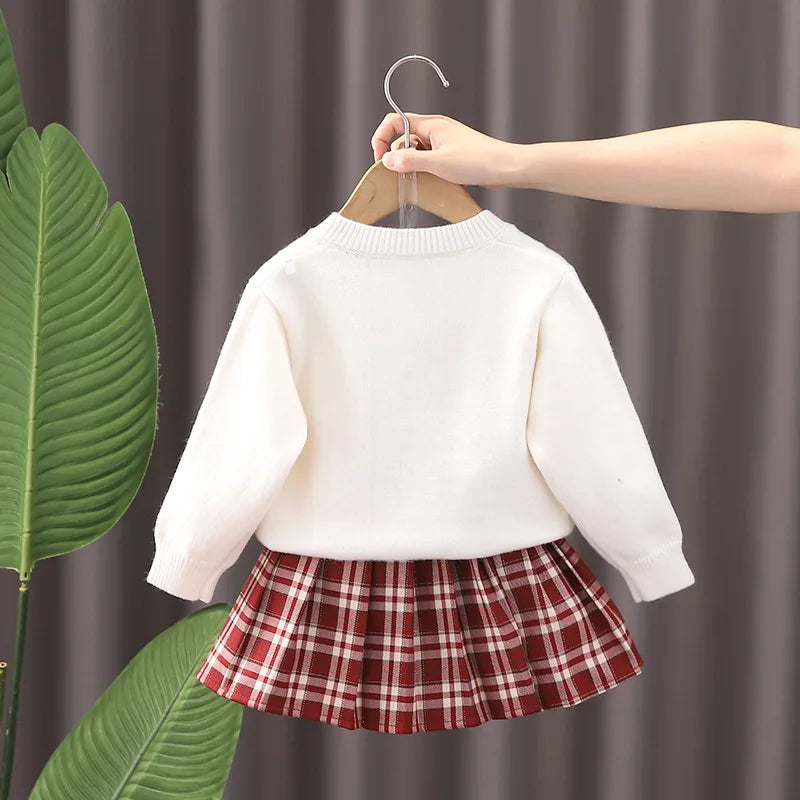Autumn/Winter Baby Girl 2PCS Sweater Set - Knit Bow Coat & Plaid Skirt