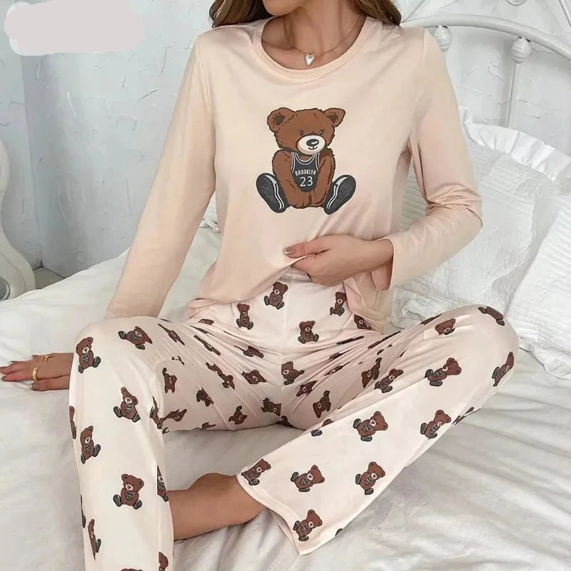 Autumn Winter Heart Print Pajamas for Women - Milk Silk Sleepwear