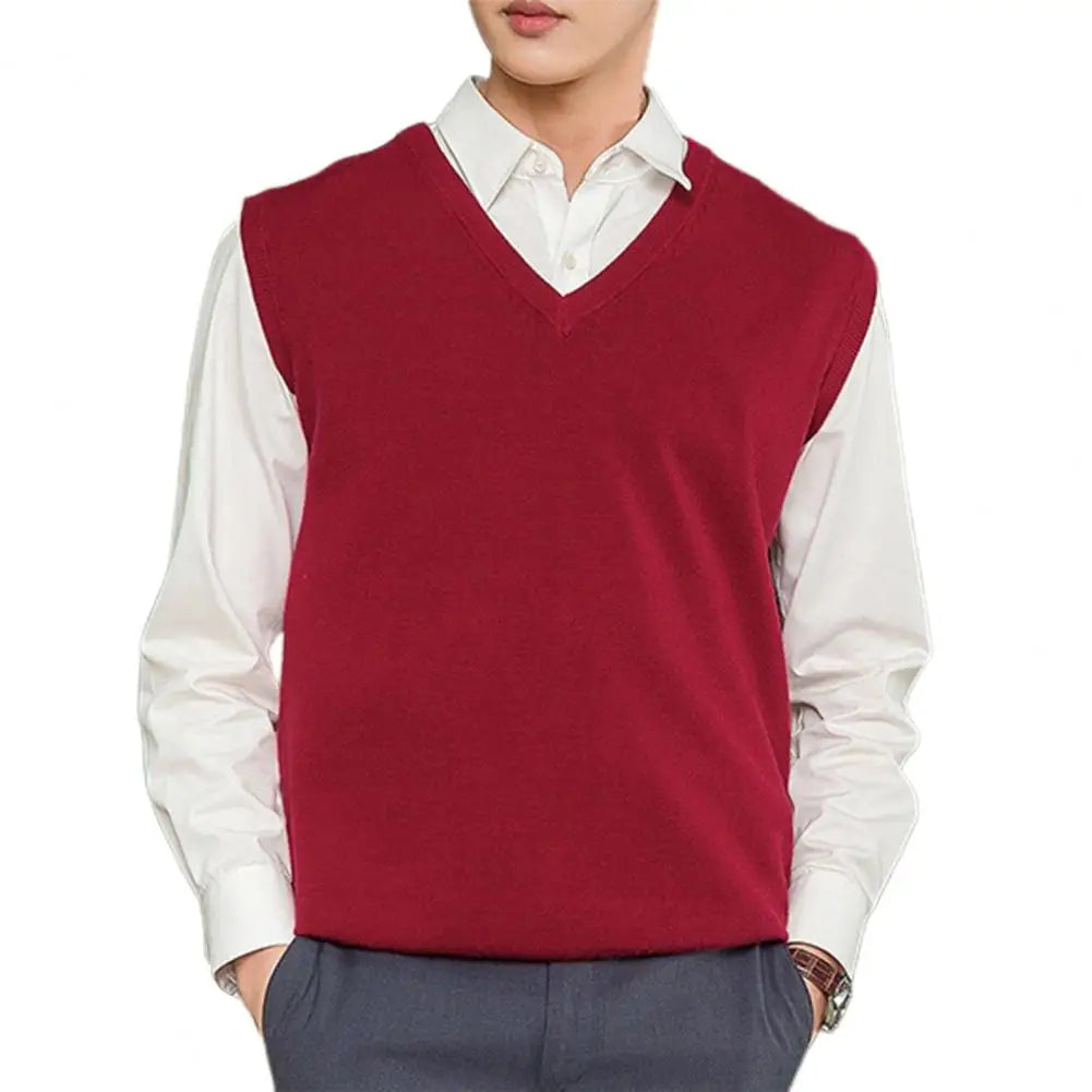Men's Sleeveless Sweater Vest – Solid Color, Loose Fit, V-Neck Knitted Pullover Waistcoat