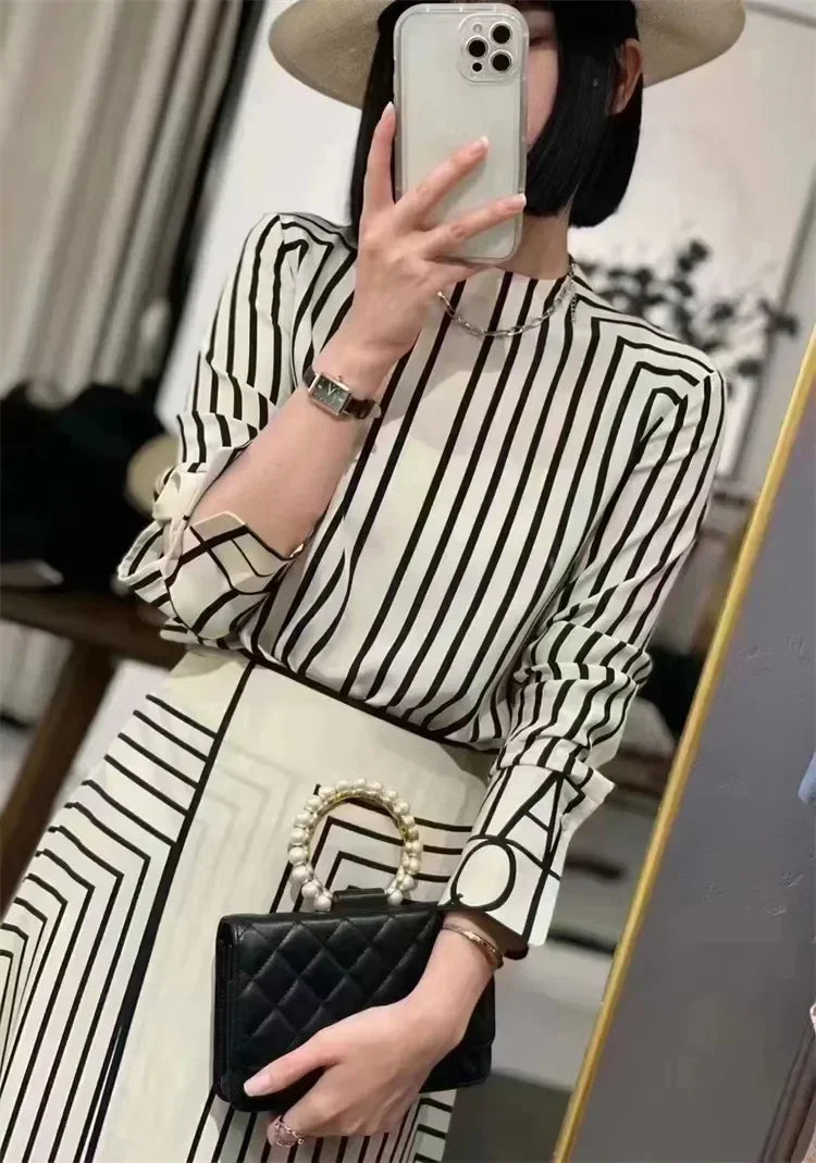 Summer Casual Luxury Black & White Striped Hepburn Style Long Skirt