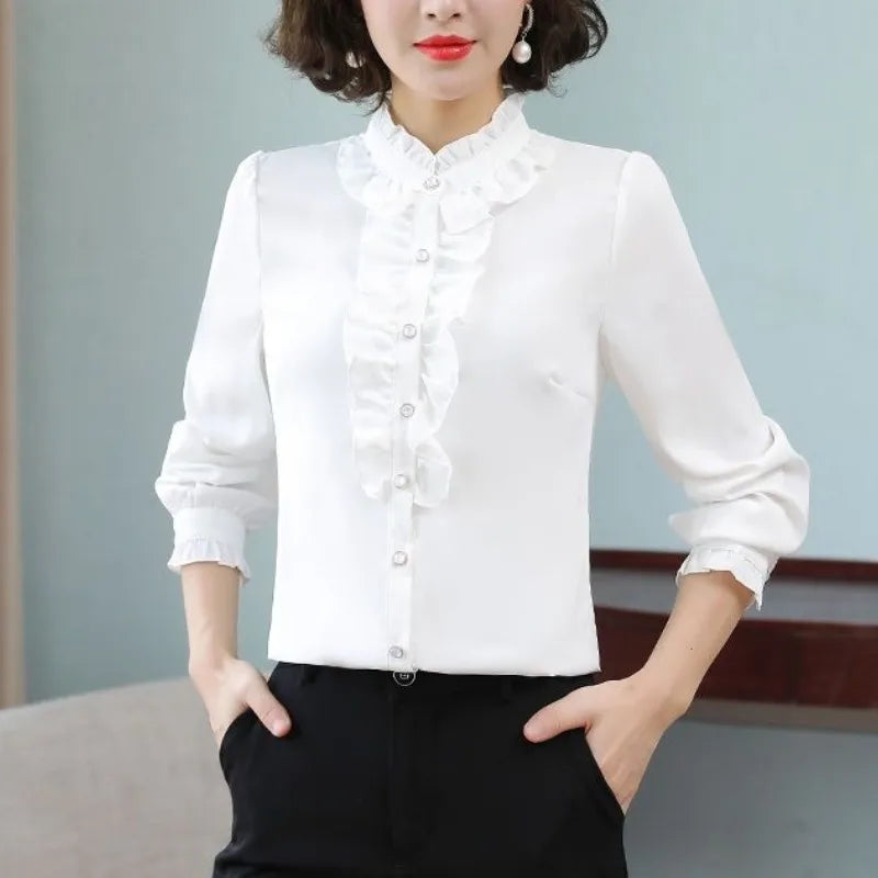 Women's Chiffon Shirt – Standing Collar, Ruffle Patchwork, Long Sleeve for Spring/Autumn