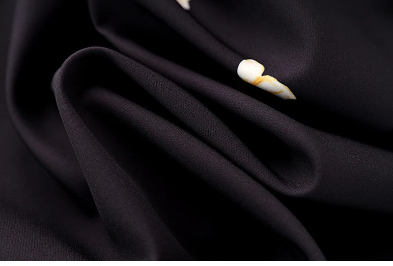 Women's Black Floral Print A-Line Dress - Autumn 2024 Elegant Chiffon Long Sleeve