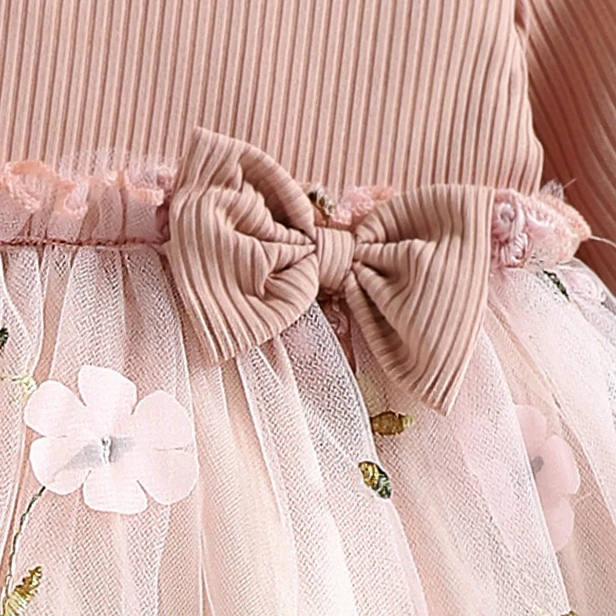 Baby Girl Pink Floral Embroidered Mesh Dress - Long Sleeve Bowknot