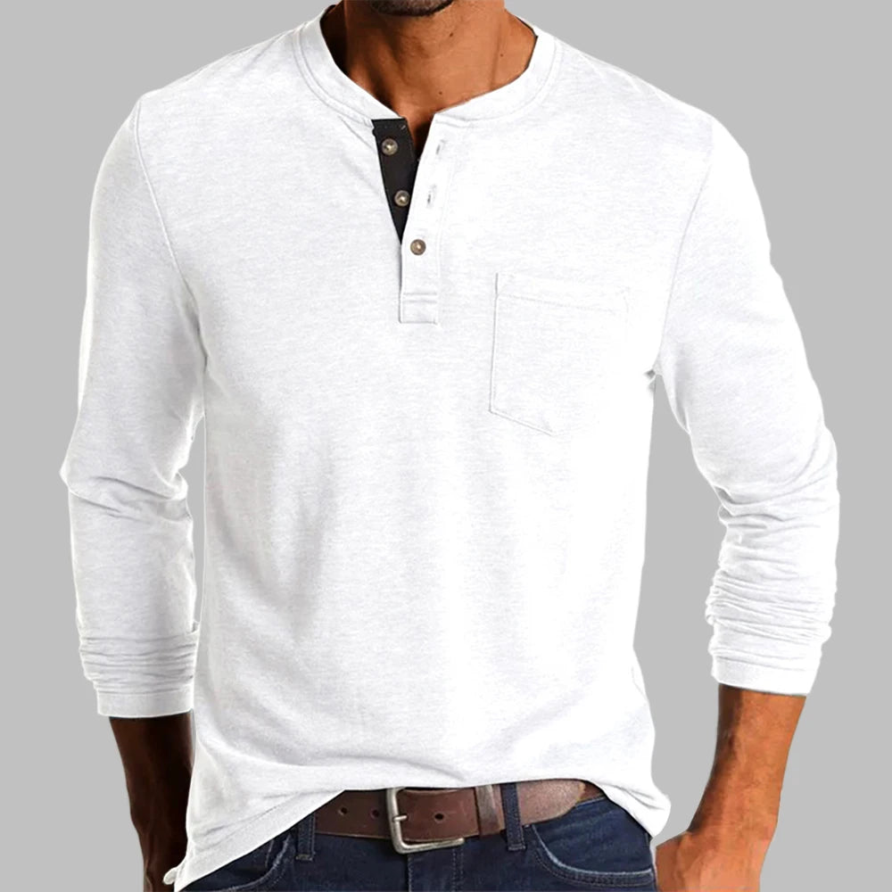 New Trend T-shirt Men Elegant Fashion Button Half Open Collar Solid Color Long Sleeve Pocket Top Men Commuter Shirts