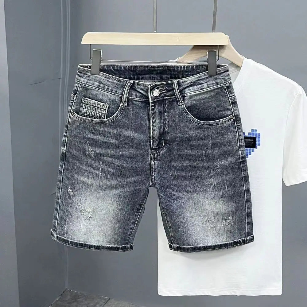 Men's Vintage Printed Knee-Length Denim Shorts - Summer Streetwear