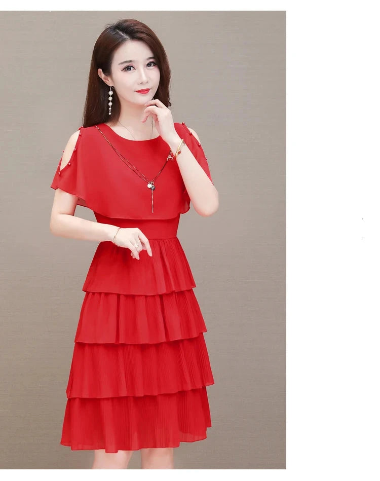 Summer Chiffon O-Neck Beaded Ruffle Beach Party Dress