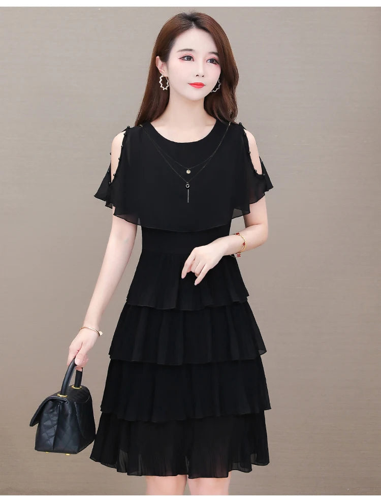 Summer Chiffon O-Neck Beaded Ruffle Beach Party Dress