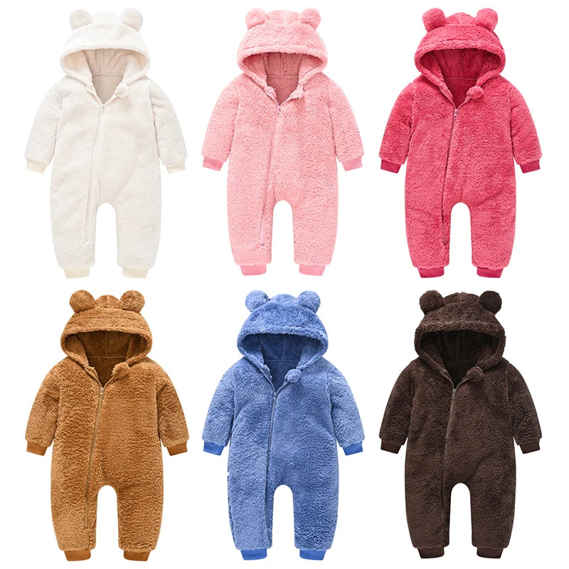 Baby Boy Hooded Plush Romper - Spring Autumn Bear Overall