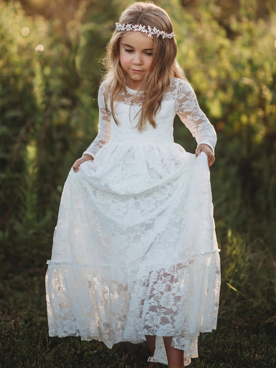 Flower Girl Dress: Long Sleeve White & Beige Summer Dress