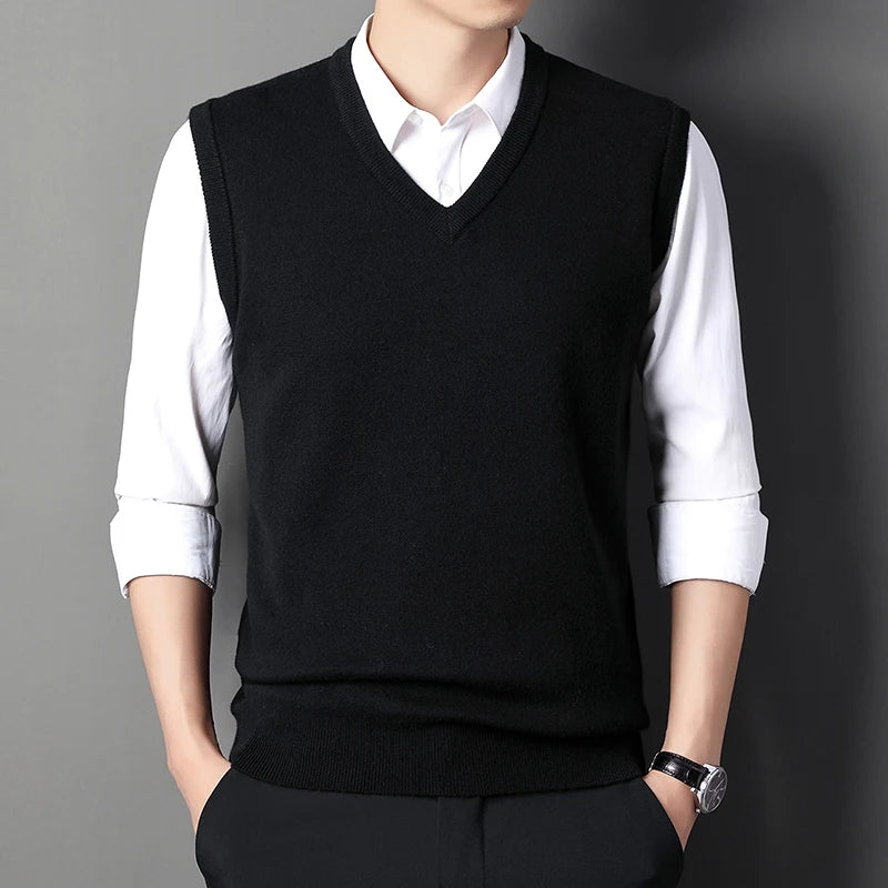 Men’s V-neck Knit Vest – Retro Solid Color, Casual Woolen, All-match for Autumn