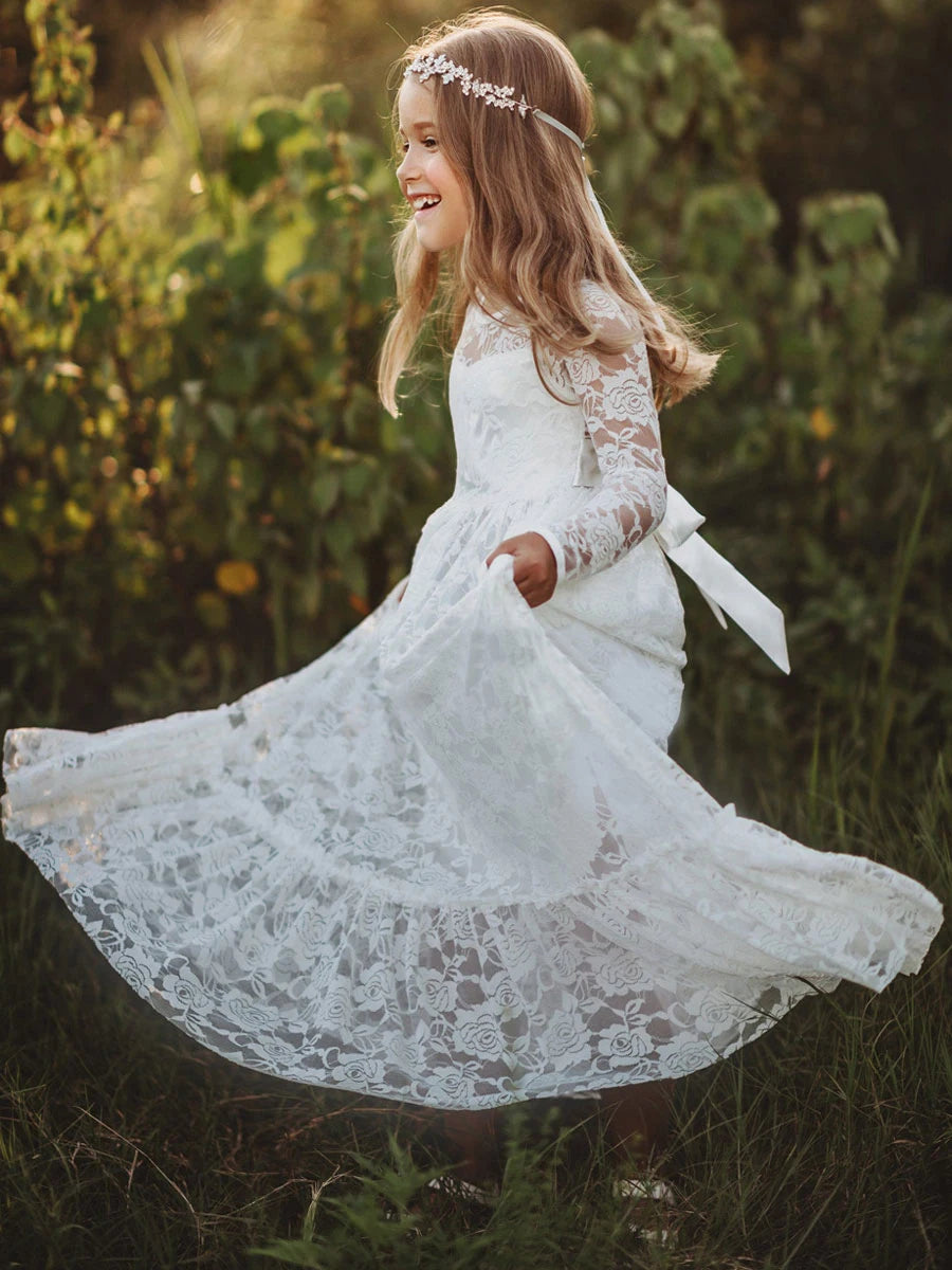 Flower Girl Dress: Long Sleeve White & Beige Summer Dress