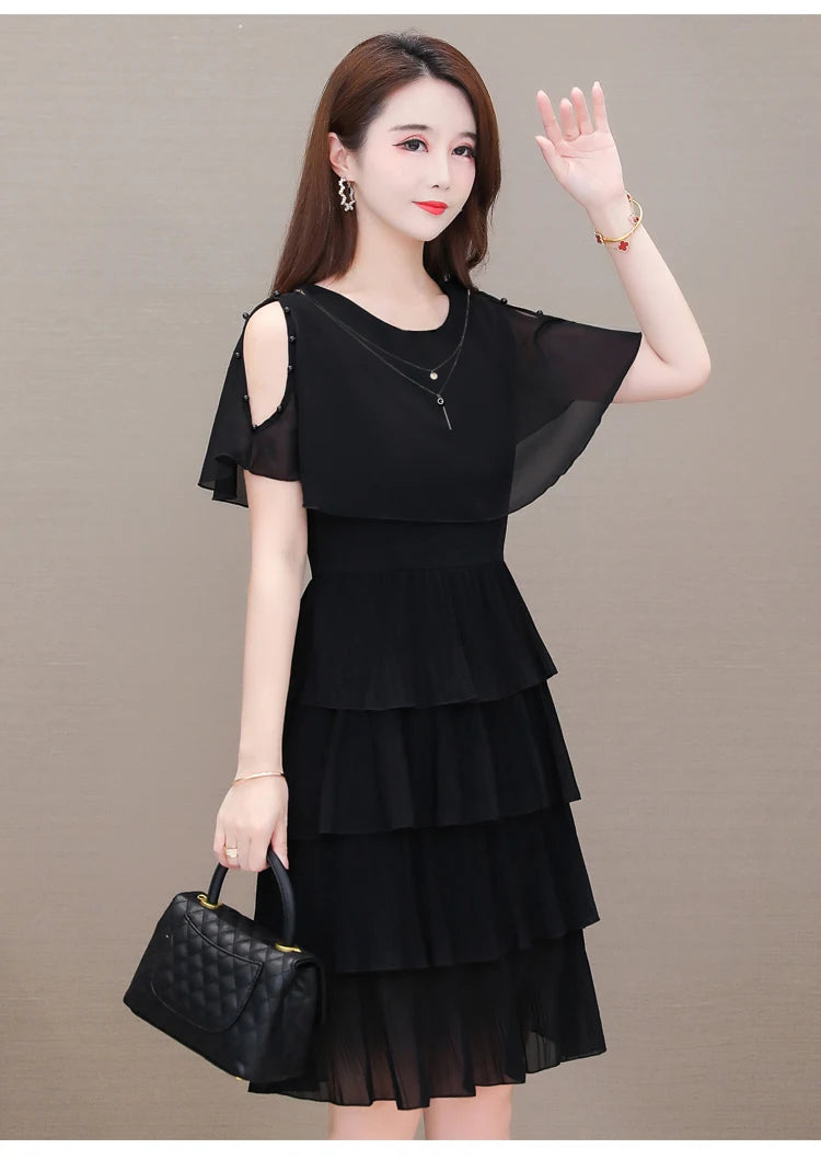 Summer Chiffon O-Neck Beaded Ruffle Beach Party Dress