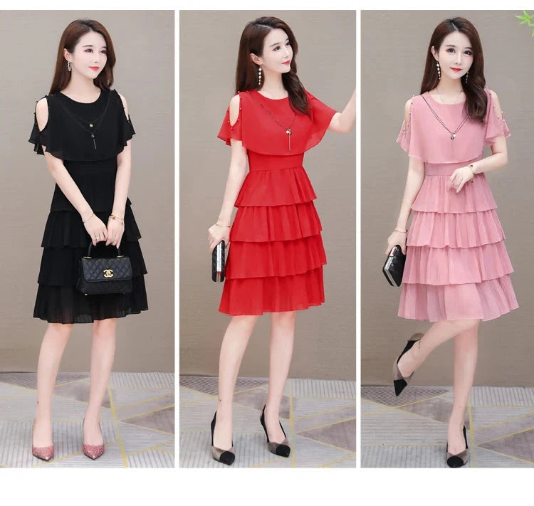 Summer Chiffon O-Neck Beaded Ruffle Beach Party Dress