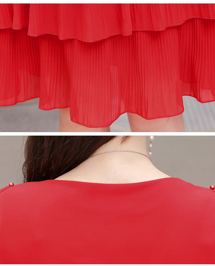 Summer Chiffon O-Neck Beaded Ruffle Beach Party Dress