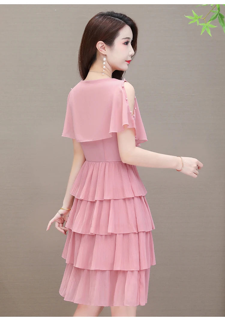Summer Chiffon O-Neck Beaded Ruffle Beach Party Dress