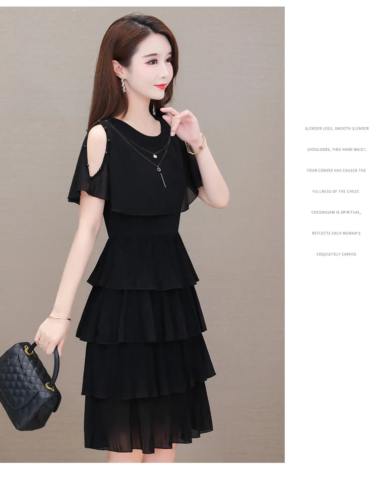 Summer Chiffon O-Neck Beaded Ruffle Beach Party Dress