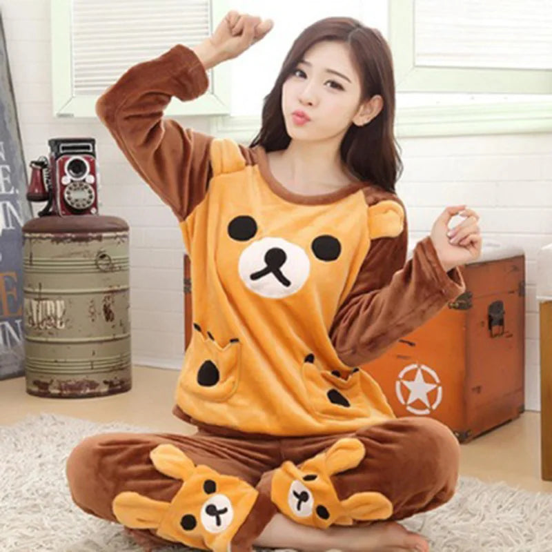 Autumn Winter Women's Flannel Pajama Set - Cartoon Bear Sleepwear