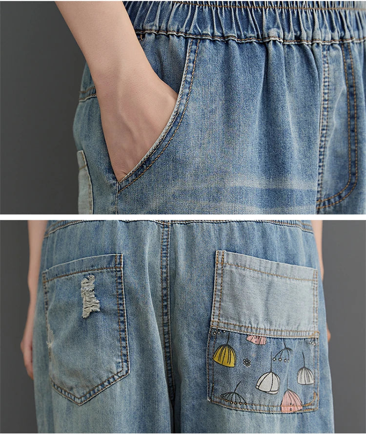 Women's Cartoon Embroidery Denim Pants – Casual High-Waist Harem Style with Pockets and Trendy Distressed Details.