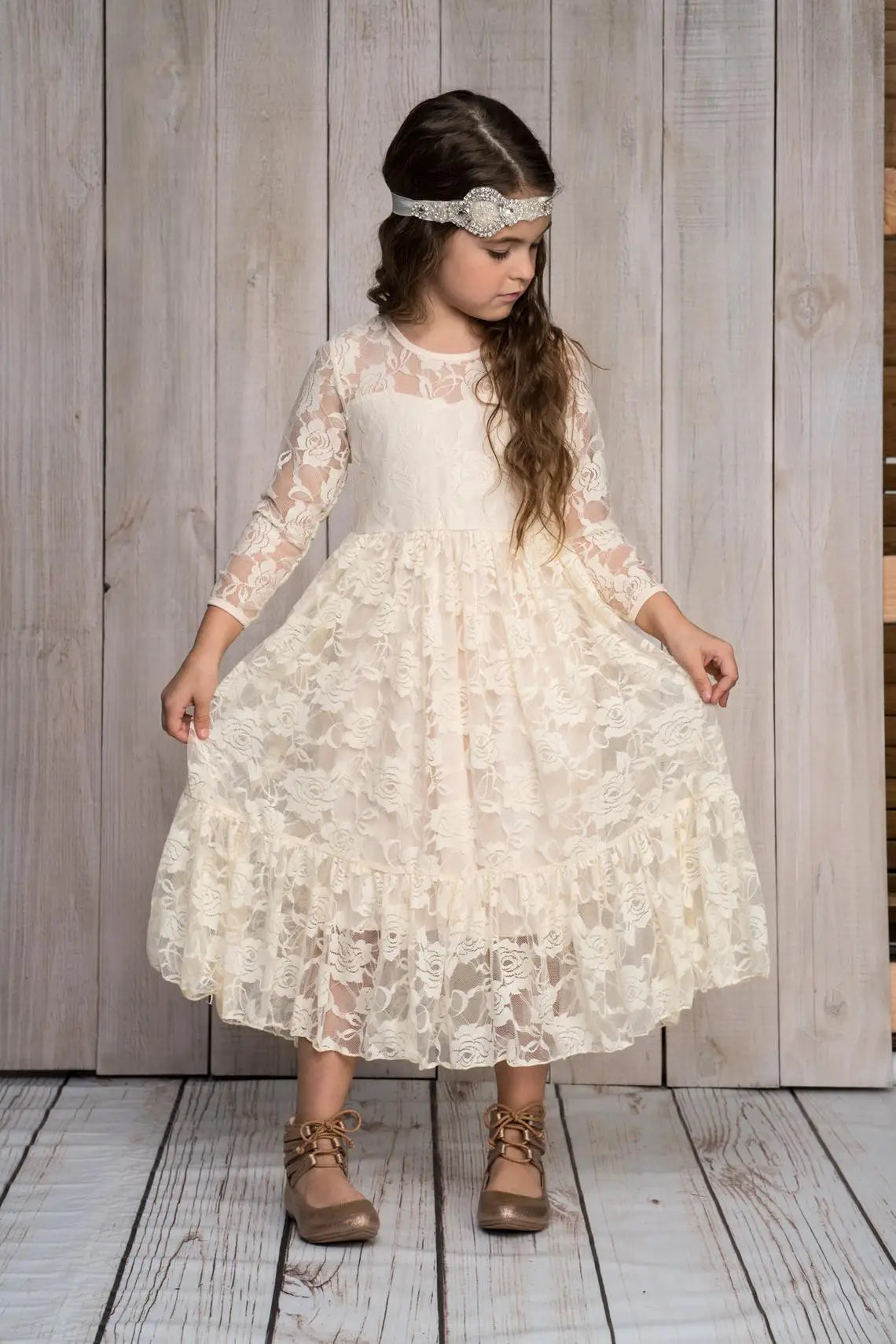 Flower Girl Dress: Long Sleeve White & Beige Summer Dress
