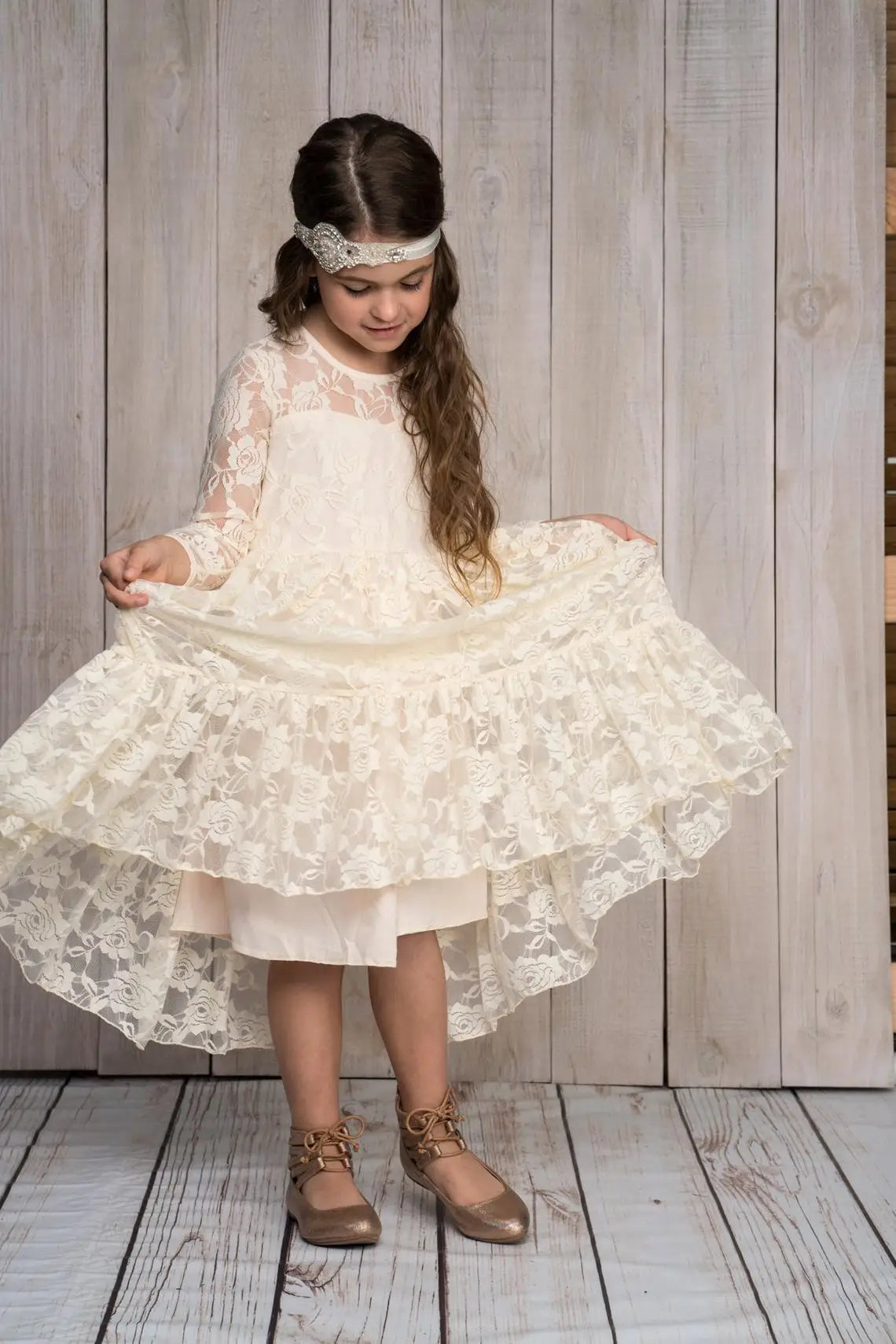 Flower Girl Dress: Long Sleeve White & Beige Summer Dress