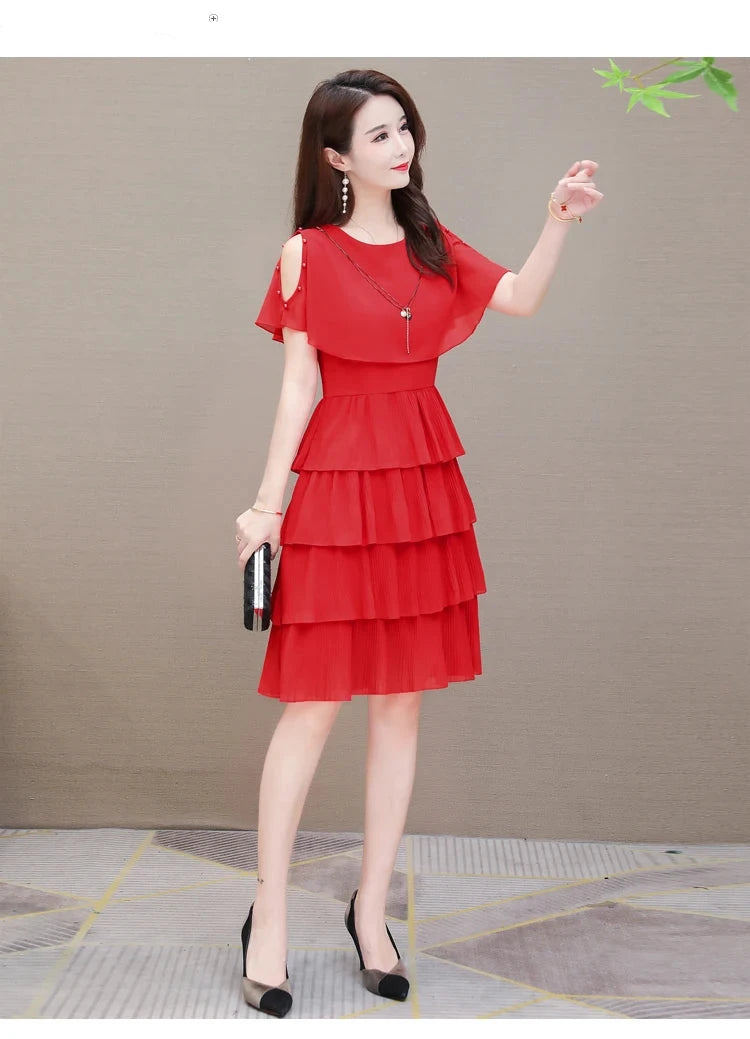 Summer Chiffon O-Neck Beaded Ruffle Beach Party Dress