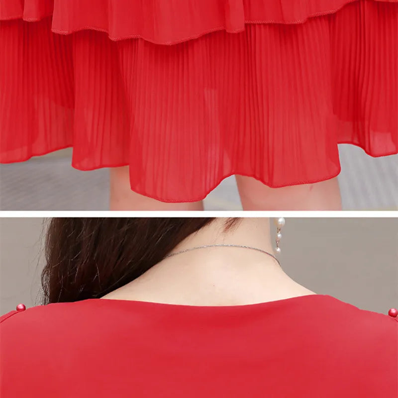 Summer Chiffon O-Neck Beaded Ruffle Beach Party Dress