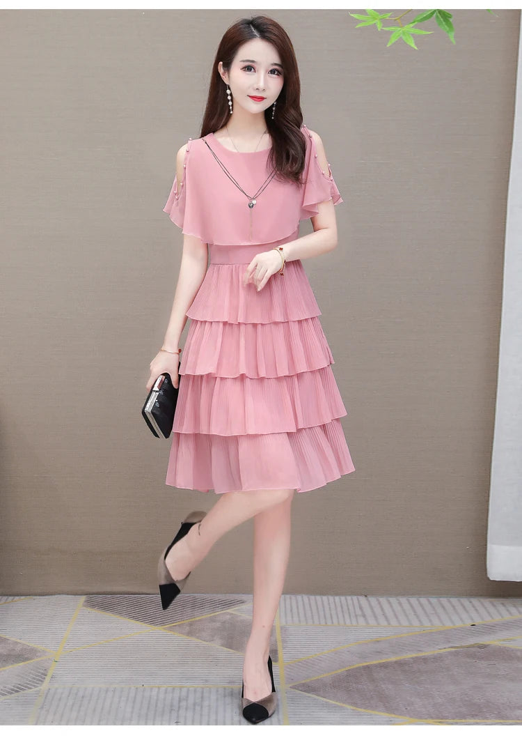 Summer Chiffon O-Neck Beaded Ruffle Beach Party Dress