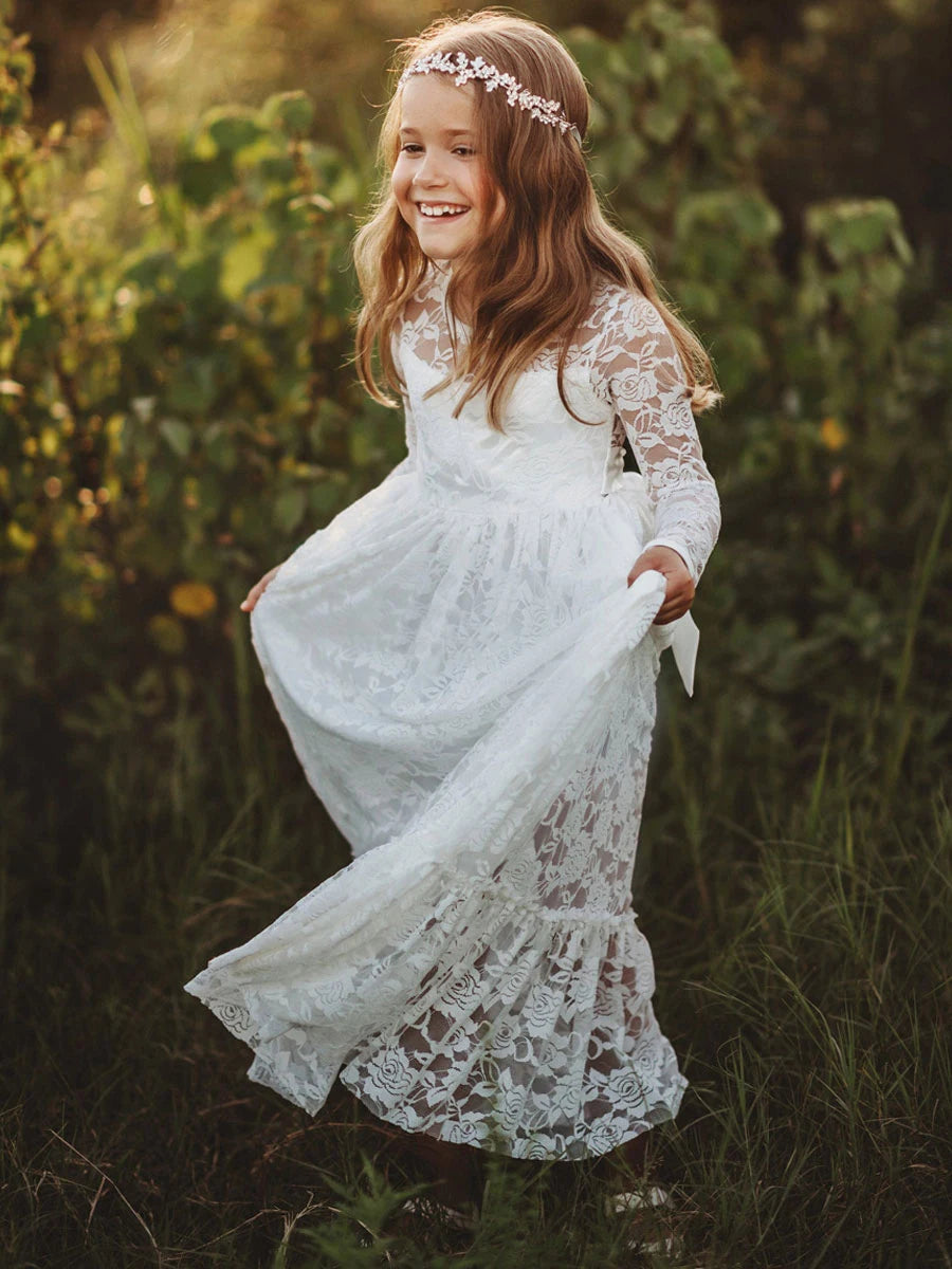 Flower Girl Dress: Long Sleeve White & Beige Summer Dress