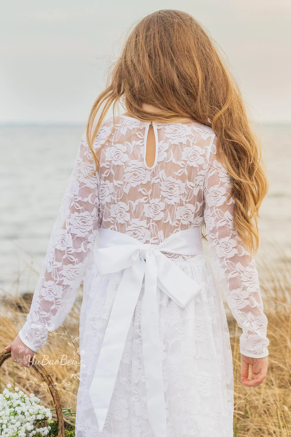 Flower Girl Dress: Long Sleeve White & Beige Summer Dress