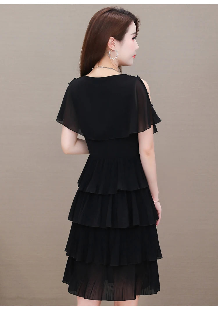 Summer Chiffon O-Neck Beaded Ruffle Beach Party Dress