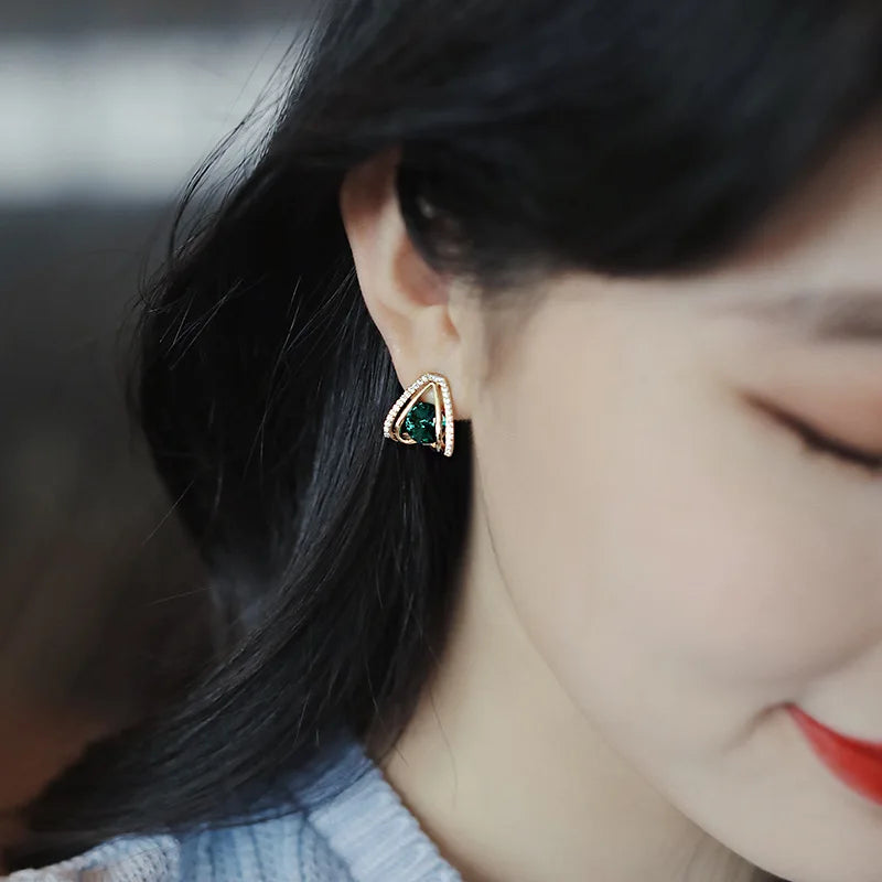 S925 Silver Green Crystal Geometric Earrings