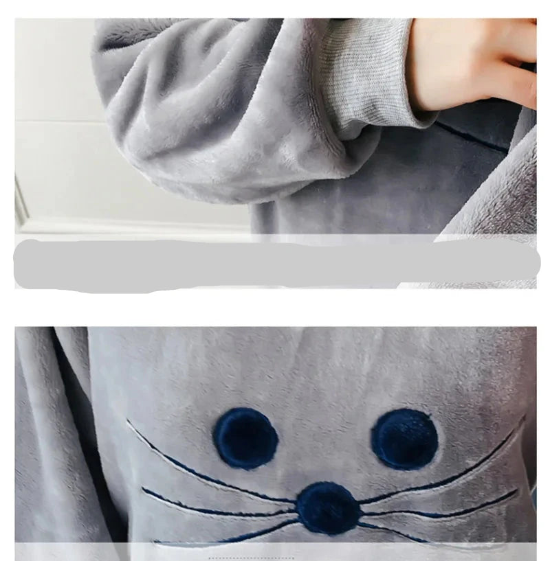 Autumn Winter Women's Flannel Pajama Set - Cartoon Bear Sleepwear