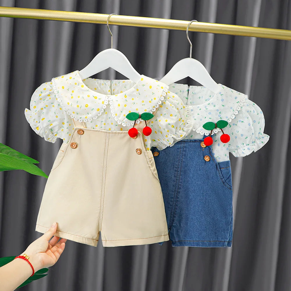 Newborn Baby Girl Summer Floral Shirt & Denim Overalls Set