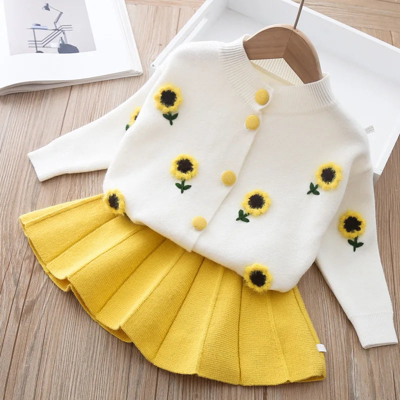 Girls' Long Sleeve Knitting Suit – Christmas Autumn Winter Sweater Cardigan and Skirt Two-Piece Set
