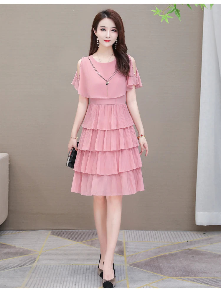 Summer Chiffon O-Neck Beaded Ruffle Beach Party Dress