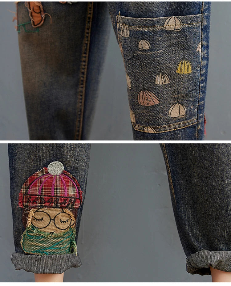 Women's Cartoon Embroidery Denim Pants – Casual High-Waist Harem Style with Pockets and Trendy Distressed Details.