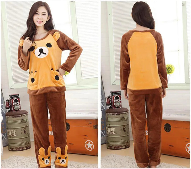 Autumn Winter Women's Flannel Pajama Set - Cartoon Bear Sleepwear