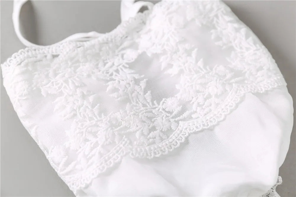 White Embroidery Lace Baby Dress with Cap – Christening Gown & Birthday Outfit