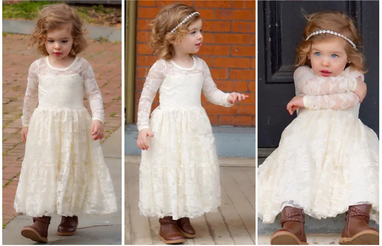 Flower Girl Dress: Long Sleeve White & Beige Summer Dress