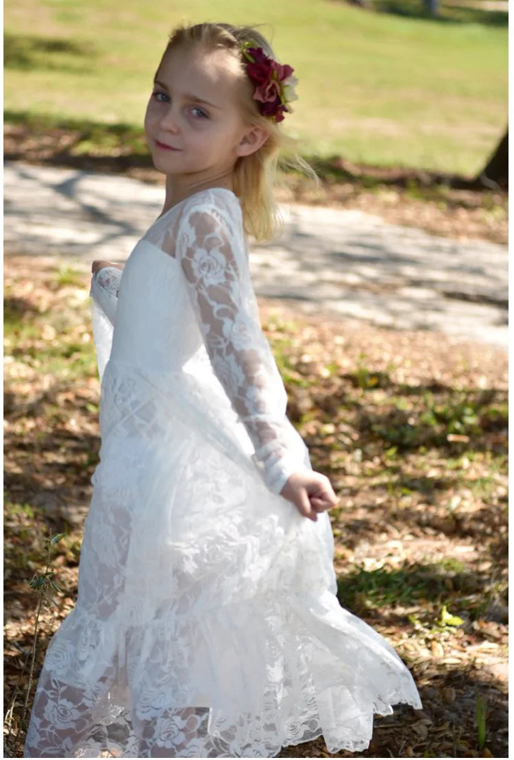 Flower Girl Dress: Long Sleeve White & Beige Summer Dress