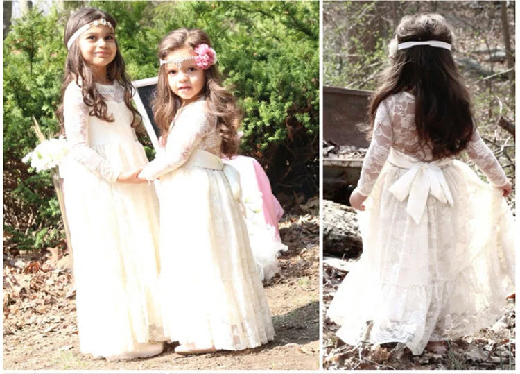Flower Girl Dress: Long Sleeve White & Beige Summer Dress