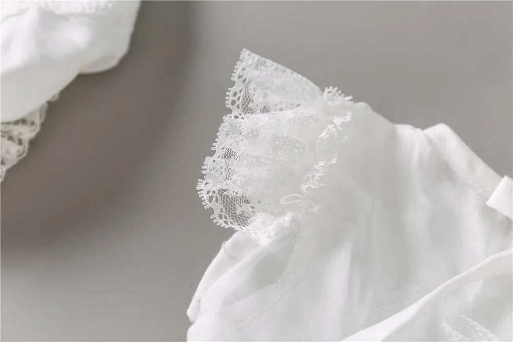 White Embroidery Lace Baby Dress with Cap – Christening Gown & Birthday Outfit
