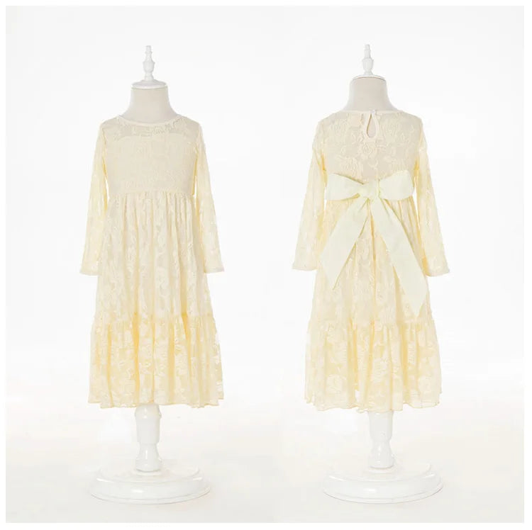 Flower Girl Dress: Long Sleeve White & Beige Summer Dress